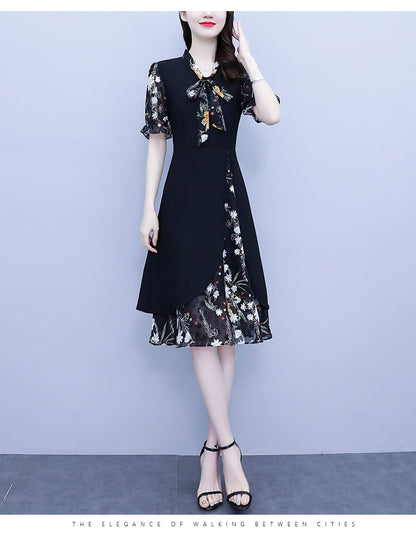 Women's Tie V-Neck Short Sleeve A-line Midi Dress