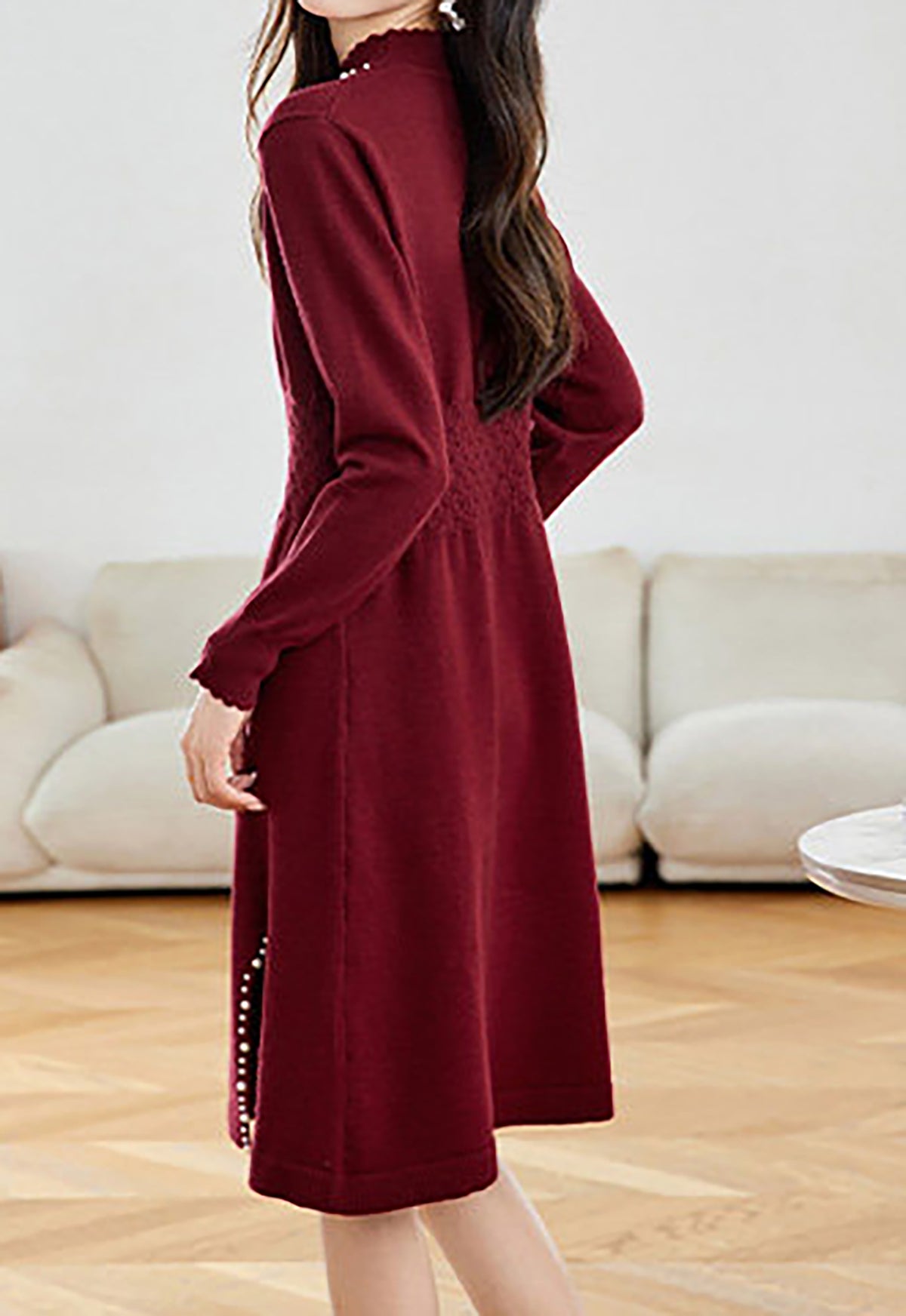 28711 Mock Neck Knit Dress With Pearl Slit Detail - LAI MENG FIVE CATS