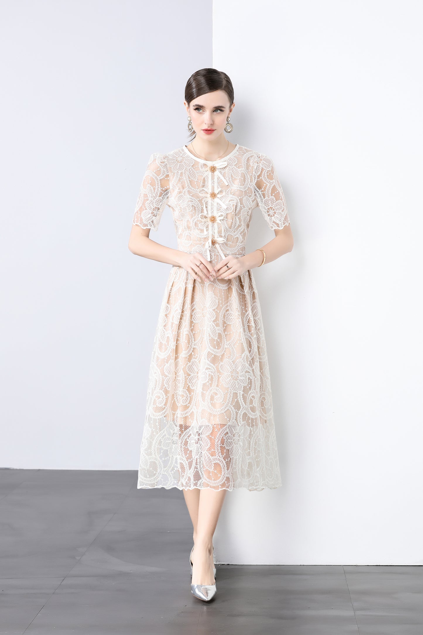 Women's Puff Sleeve Lace Mesh Midi Dress