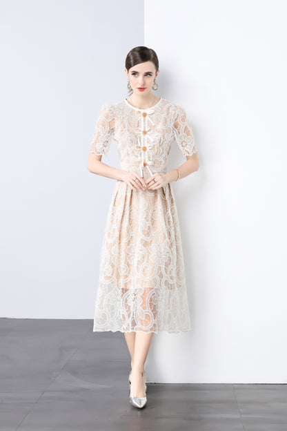 Women's Puff Sleeve Lace Mesh Midi Dress