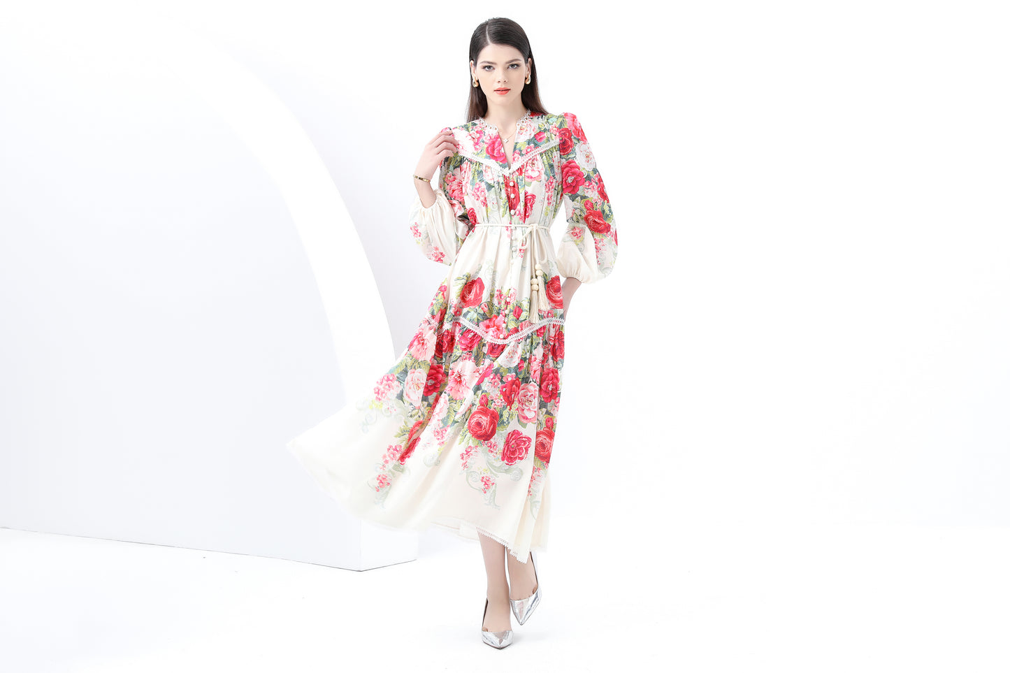 Women's V-Neck Lantern Sleeve Floral Print Maxi Dress