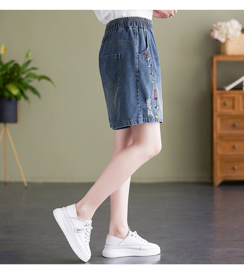 Women's Baggy Pull On Jeans Ripped Denim Shorts - LAI MENG FIVE CATS