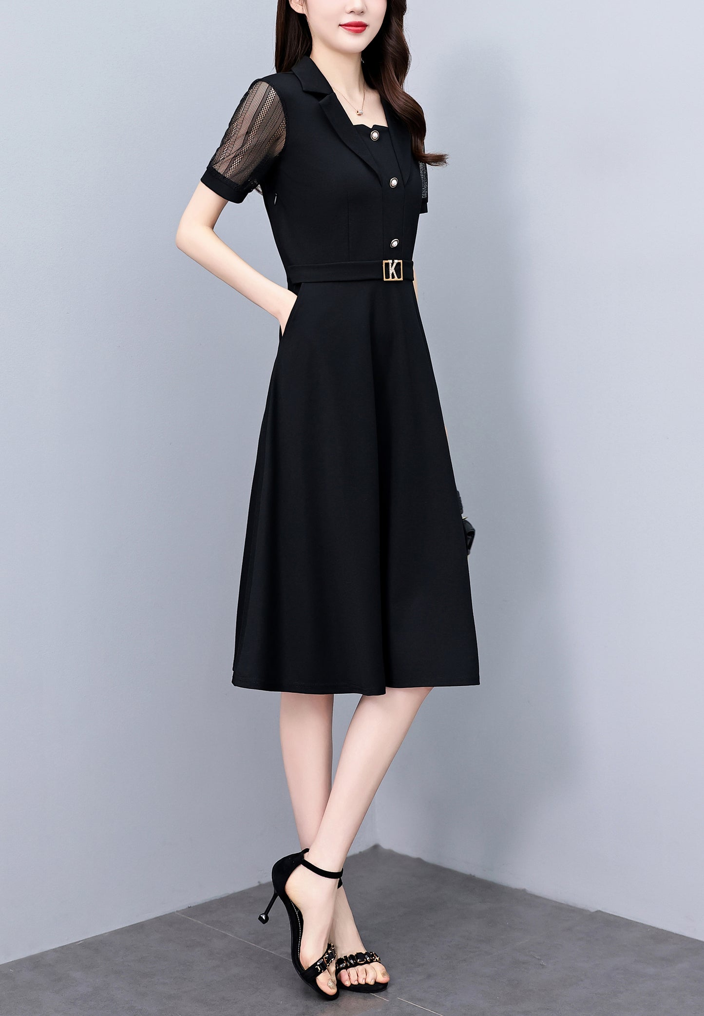 Women's Short Sleeve Pocket Work Office Suit Dress - LAI MENG FIVE CATS