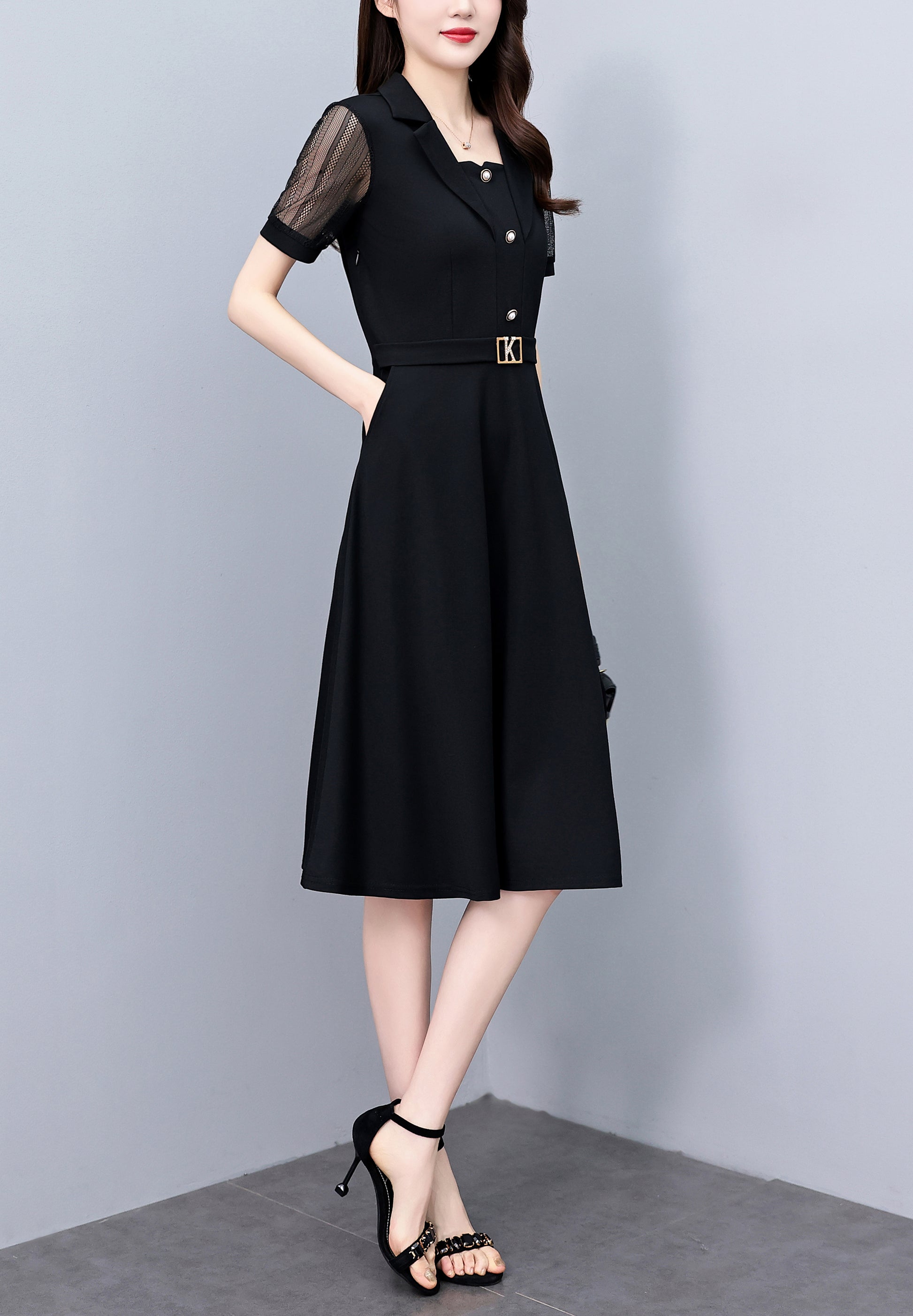 Women's Short Sleeve Pocket Work Office Suit Dress - LAI MENG FIVE CATS
