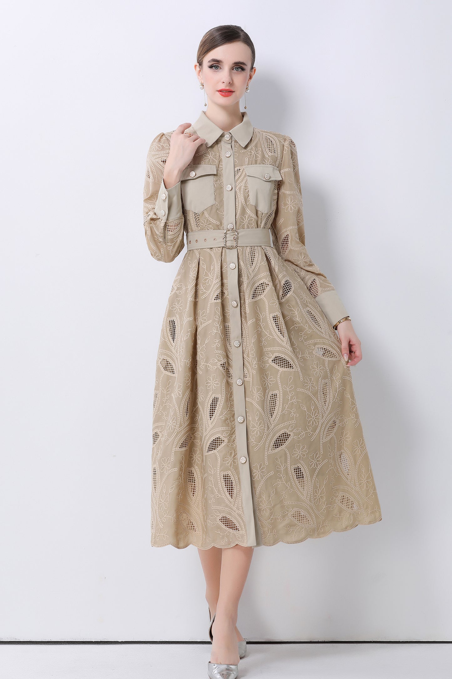 Women's Embroidery Hollow Out Lace Midi Dress - LAI MENG FIVE CATS