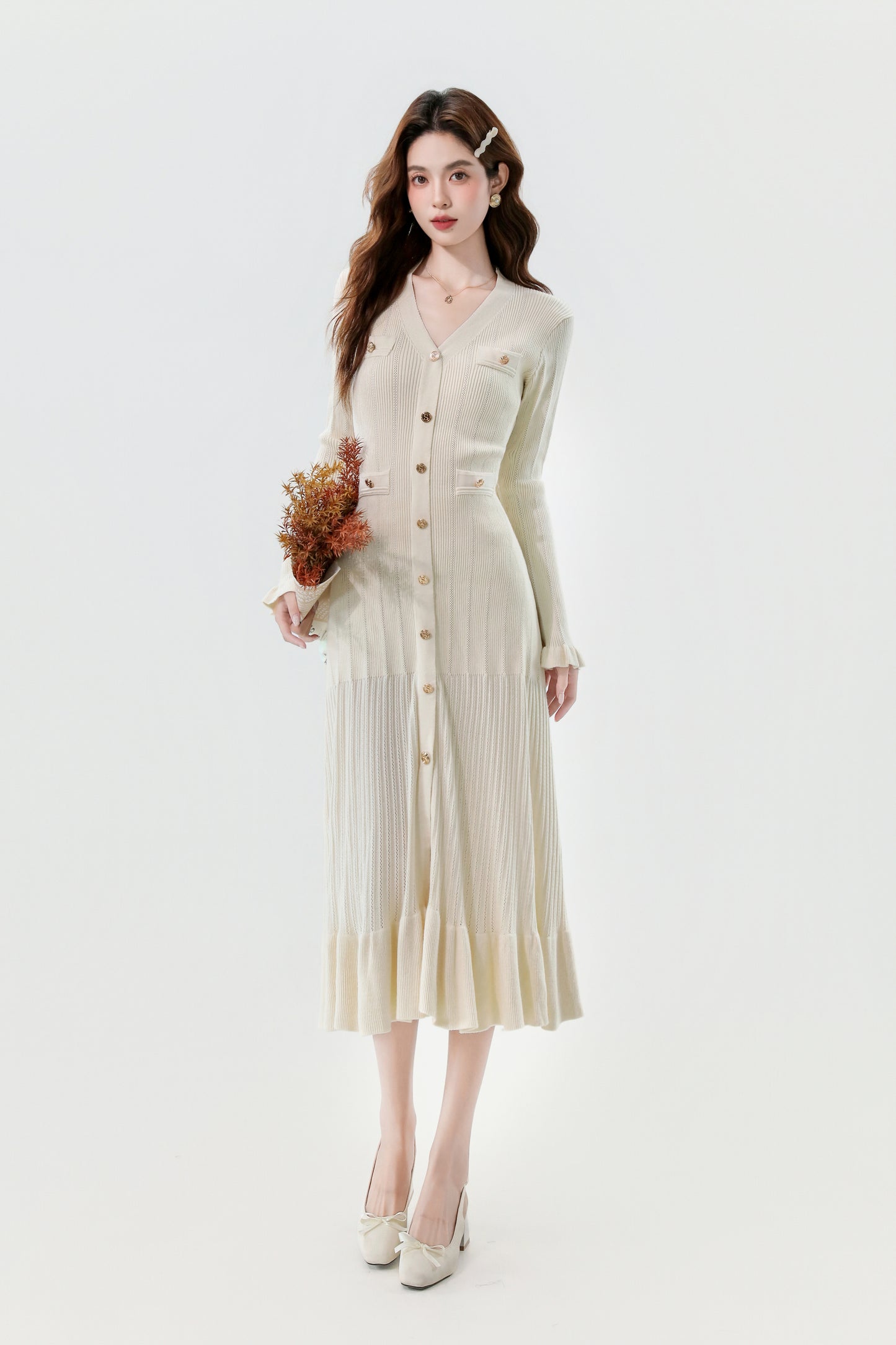 Women's V-Neck Sweater Knit Fishtail Hem Midi Dress