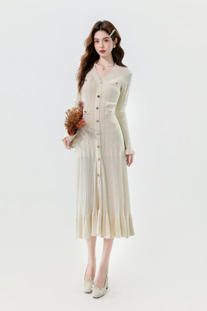 Women's V-Neck Sweater Knit Fishtail Hem Midi Dress