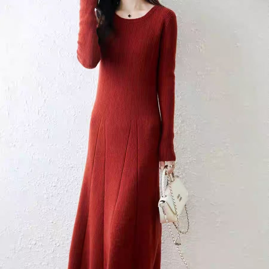 Women's Round Neck Sweater Ribbed Knit Maxi Dress