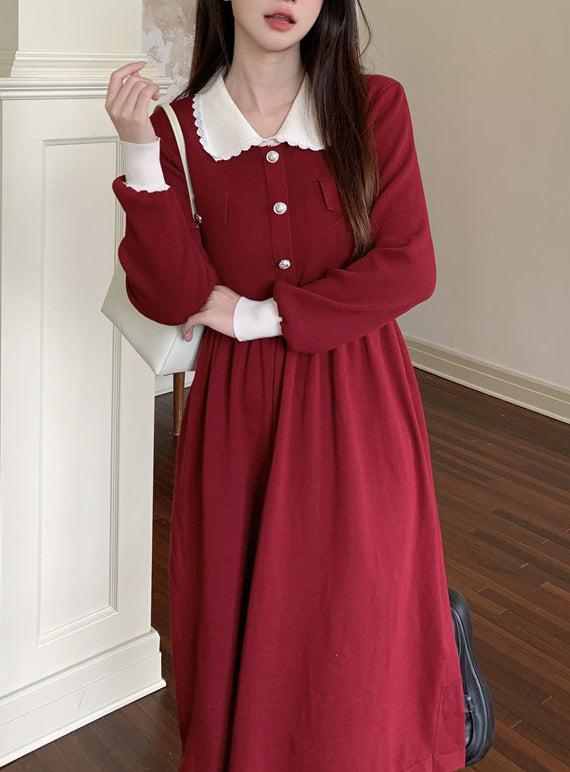 Women's Peter Pan Collar Ribbed Knit Sweater Midi Dress