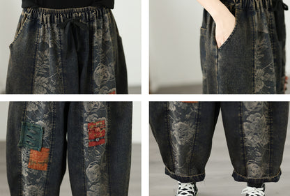 Retro Boho Patchwork Floral Print Denim Harem Pants
