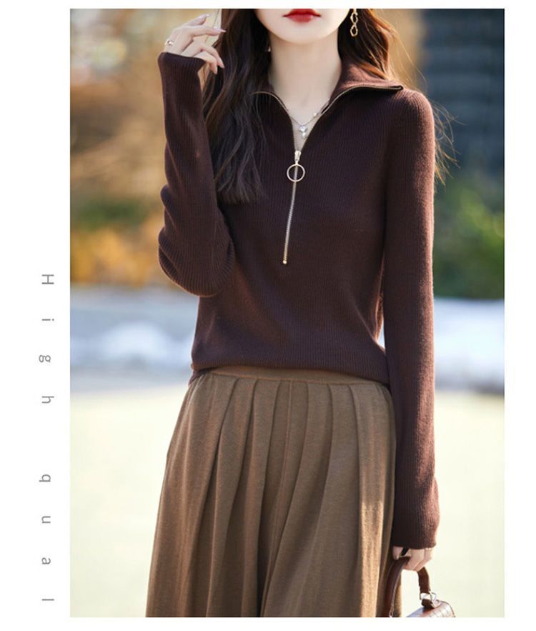 Women's Quarter Zip Pullover Sweaters Collared Knit Top