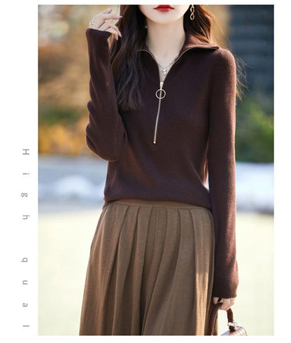 Women's Quarter Zip Pullover Sweaters Collared Knit Top