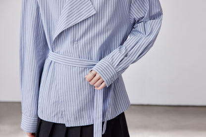 Blue Striped Tie-Waist Shirt | Relaxed Fall Everyday Top