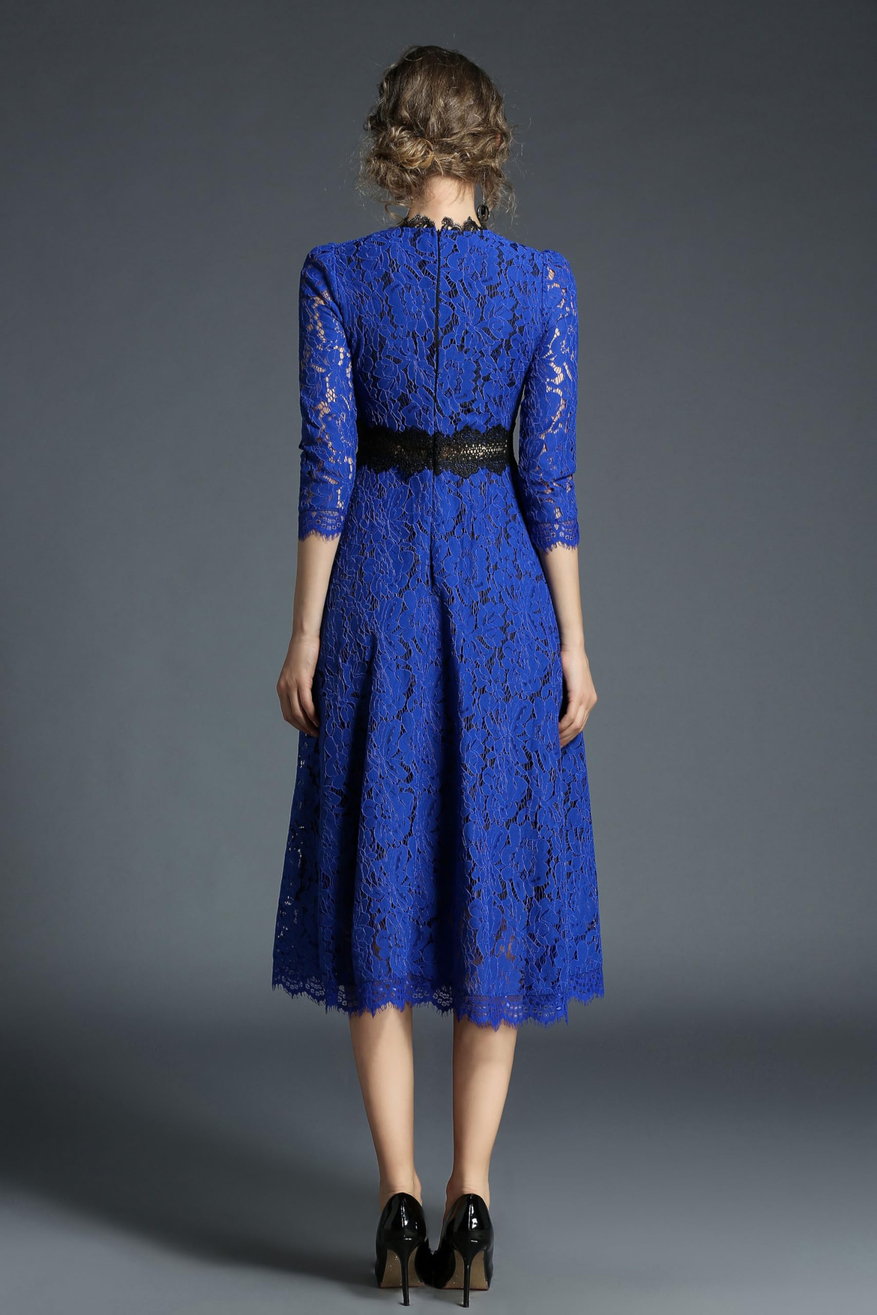 SSY-Women's 3/4 Sleeve Lace Overlay Cocktail Wedding Midi Dress - LAI MENG FIVE CATS