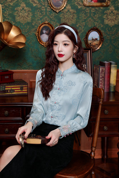 Women's Silk Satin Jacquard Long Sleeve Blouses