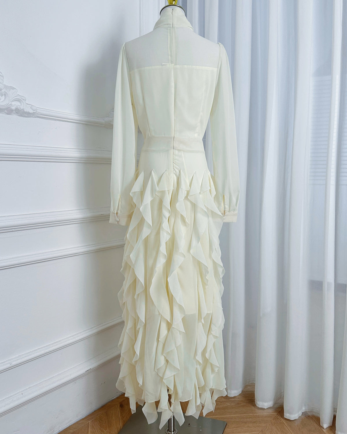 Elegant Chiffon Maxi Dress with Scarf Neck & Rhinestone Fringe