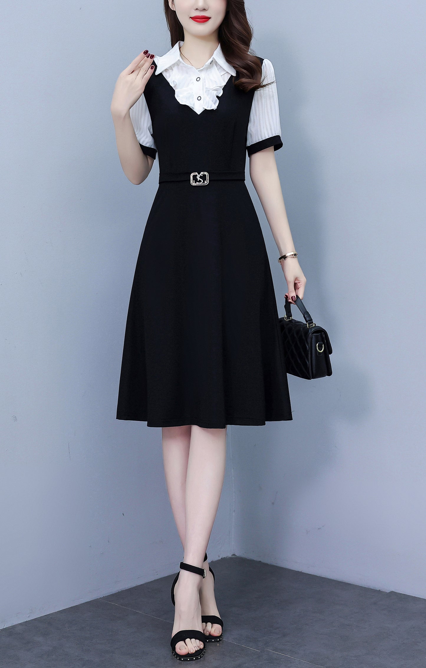 Women's Lapel V-Neck Pocket Short Sleeve Midi Dress - LAI MENG FIVE CATS