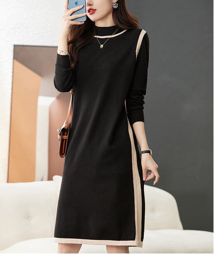 Women's Long Sleeve Basic Sweater Knit Color Block Dress