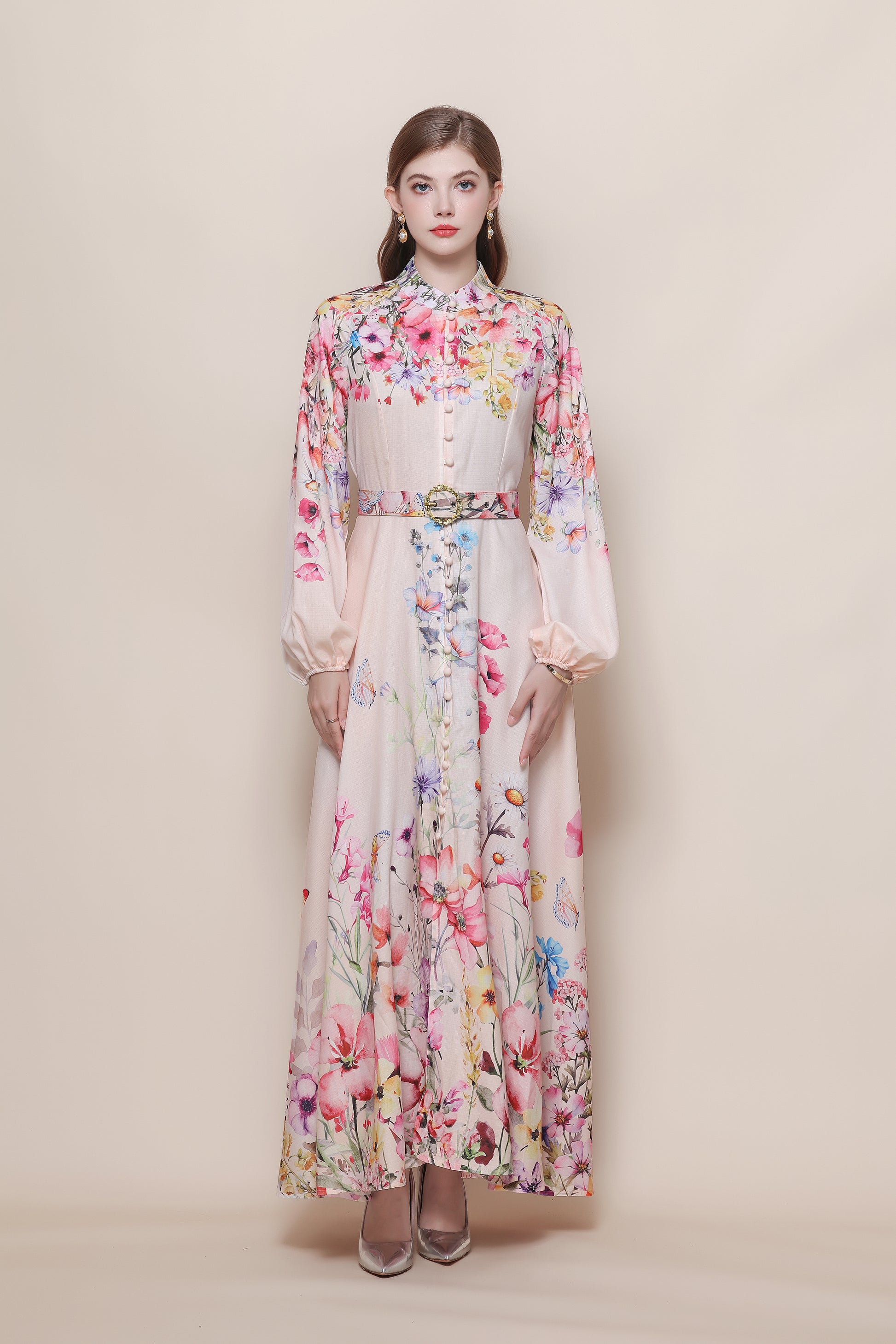 26-Women's Floral Print Puff Sleeve Button Maxi Dress - LAI MENG FIVE CATS