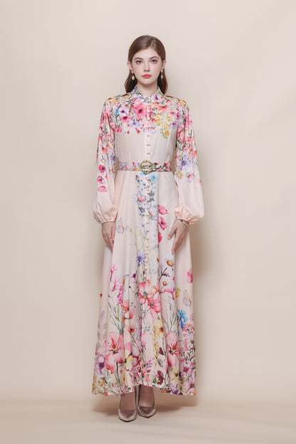 26-Women's Floral Print Puff Sleeve Button Maxi Dress - LAI MENG FIVE CATS