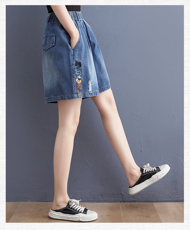 Women's Baggy Pull On Jeans Ripped Denim Shorts - LAI MENG FIVE CATS