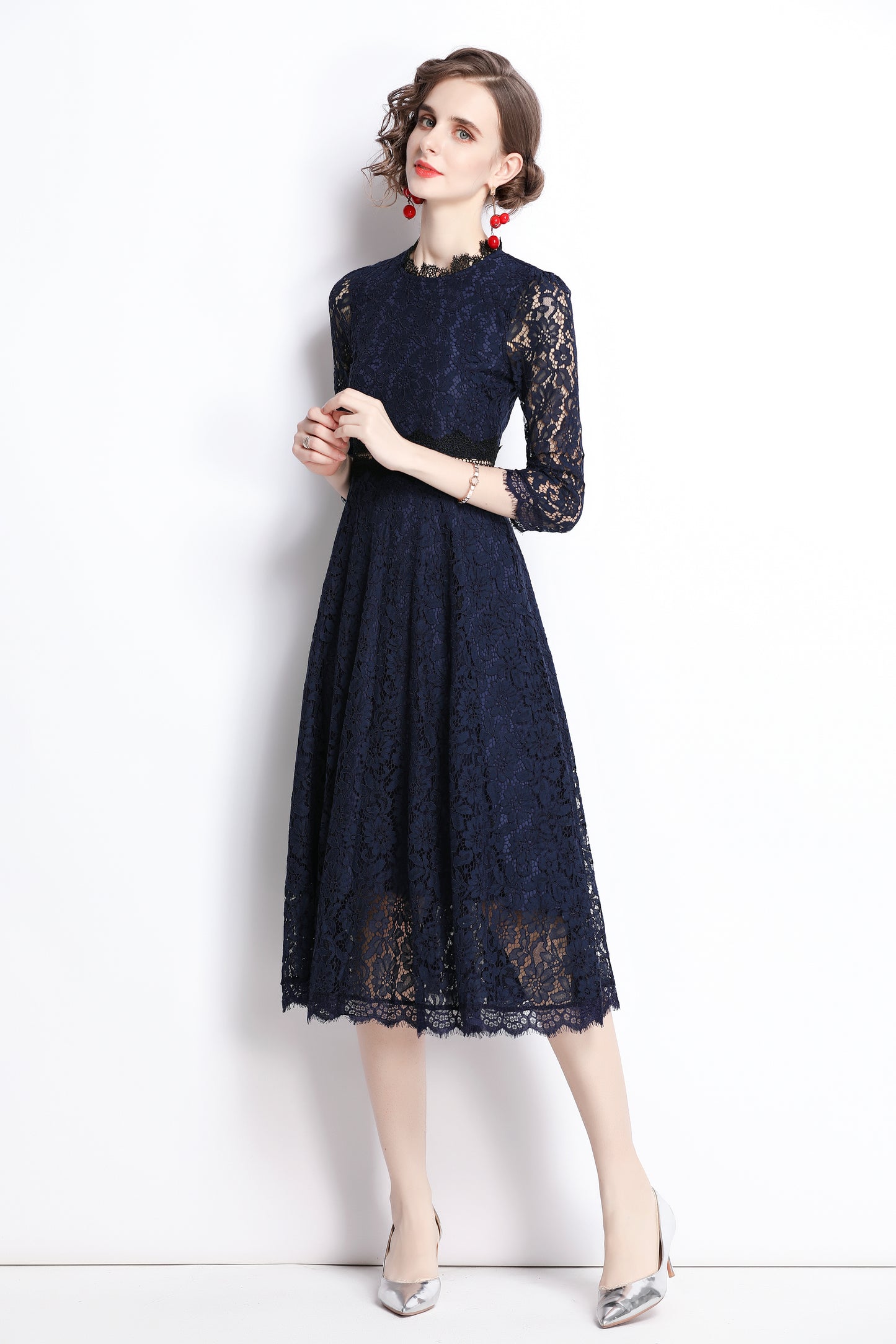 SSY-Women's 3/4 Sleeve Floral Lace Cocktail Midi Dress
