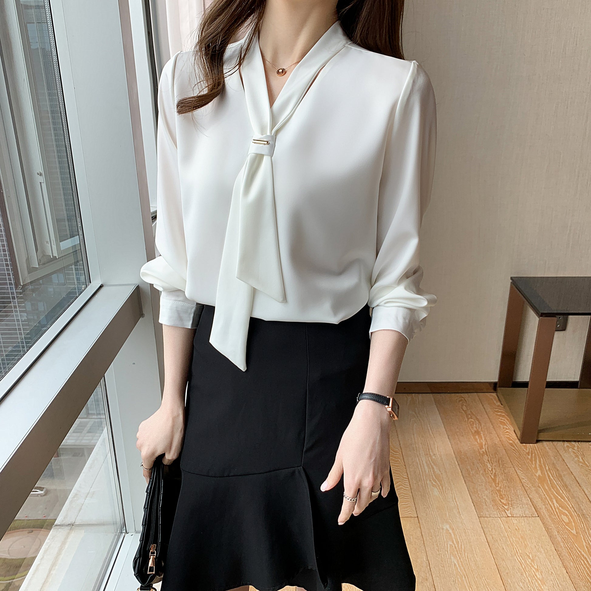 Women's Silk Satin Shirt Tie Neck Long Sleeve Blouse - LAI MENG FIVE CATS