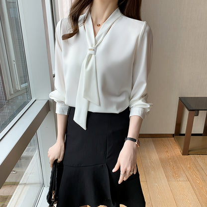 Women's Silk Satin Shirt Tie Neck Long Sleeve Blouse - LAI MENG FIVE CATS