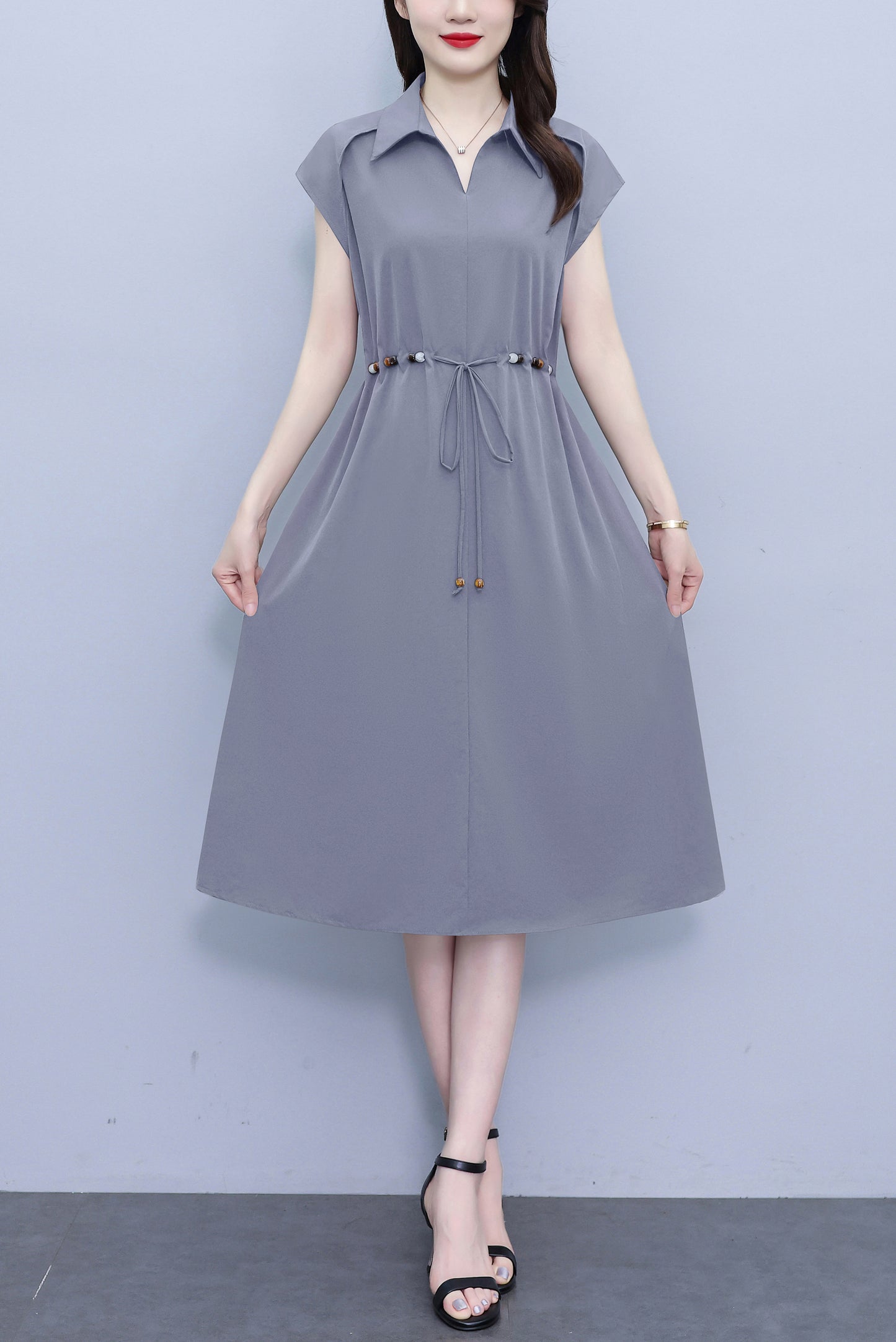 Women's V-Neck Cap Sleeve Pocket Midi Dress