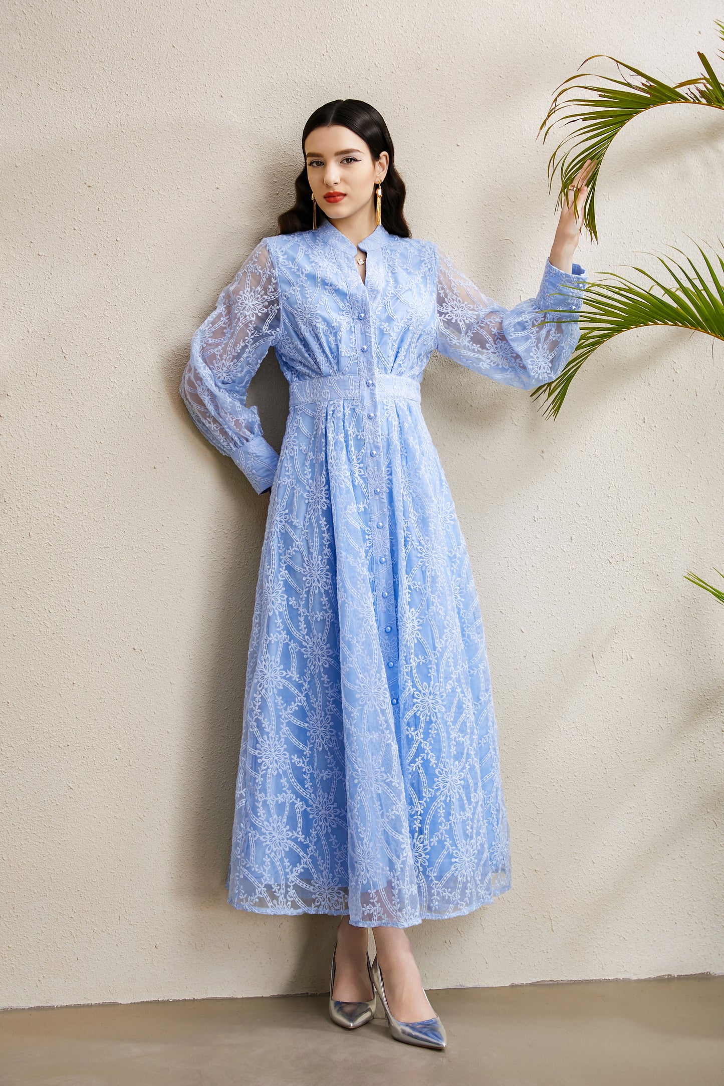 Women's V-Neck Lace Floral Lantern Sleeve Maxi Dress
