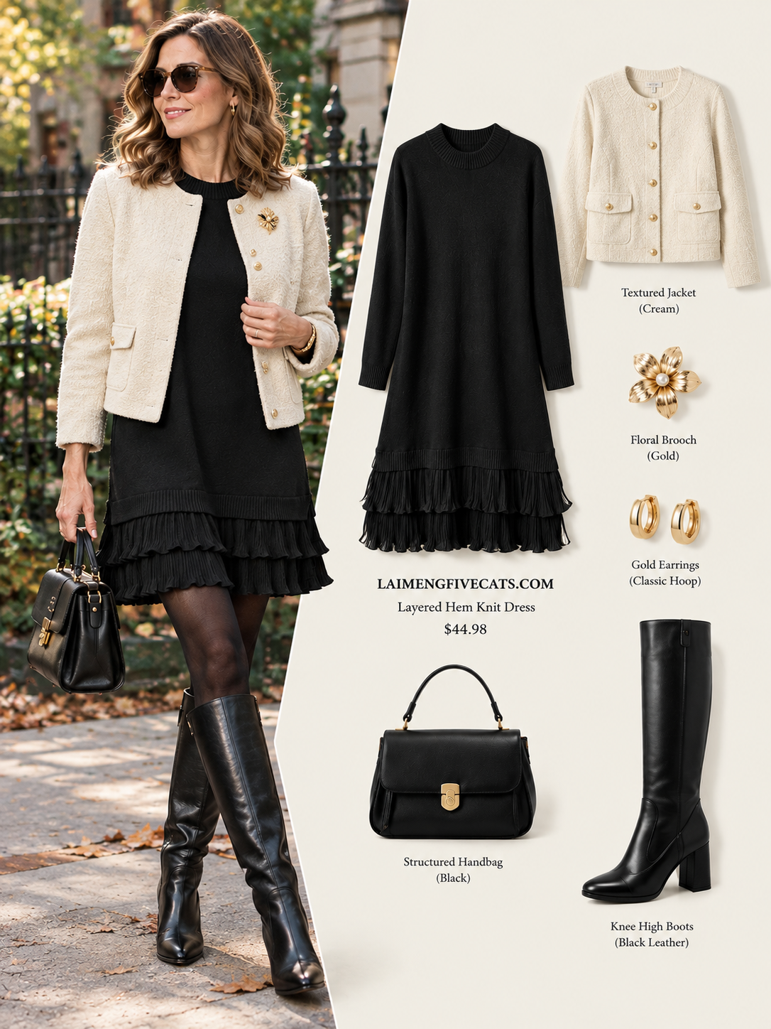28706 Layered Ruffle Hem Knit Dress – Cream & Black