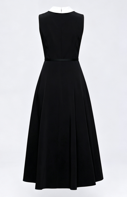Satin A-Line Midi Dress with Belt | Black & Apricot