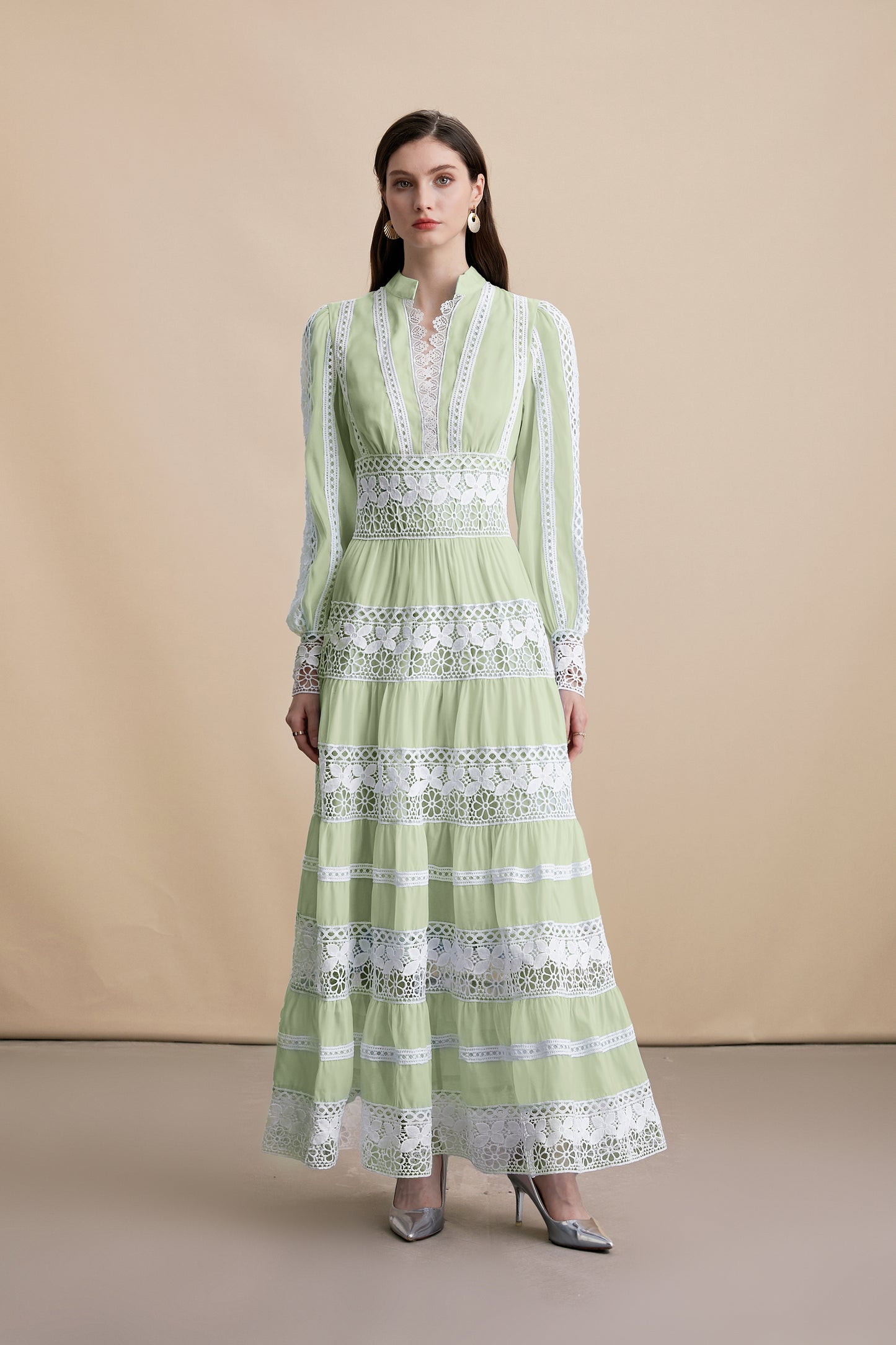 Sage Green V Neck Lace Maxi Dress