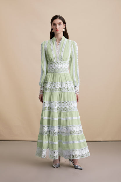 Sage Green V Neck Lace Maxi Dress