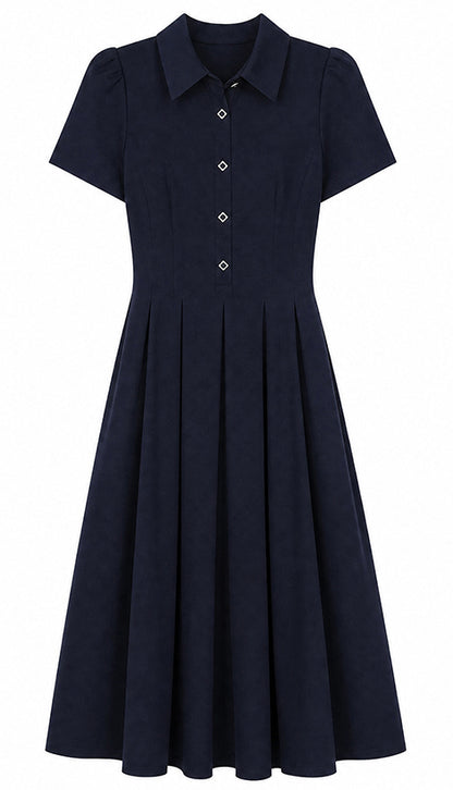 Short Sleeve Stretch Button Front Midi Dress