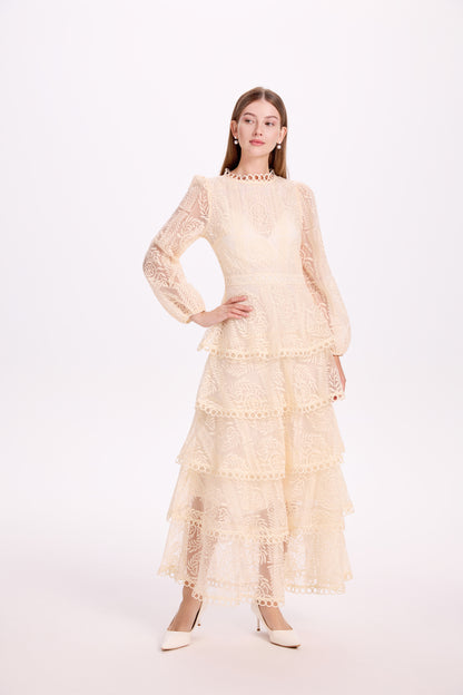 Women's Mesh Embroidery Ruffle Tiered Layered Maxi Dress