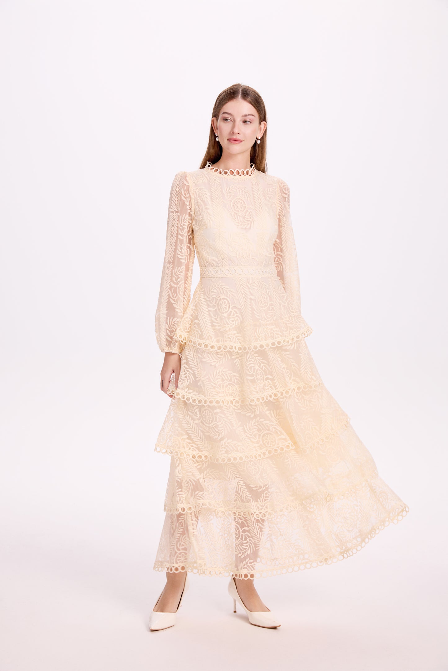 Women's Mesh Embroidery Ruffle Tiered Layered Maxi Dress
