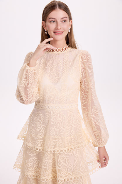 Women's Mesh Embroidery Ruffle Tiered Layered Maxi Dress