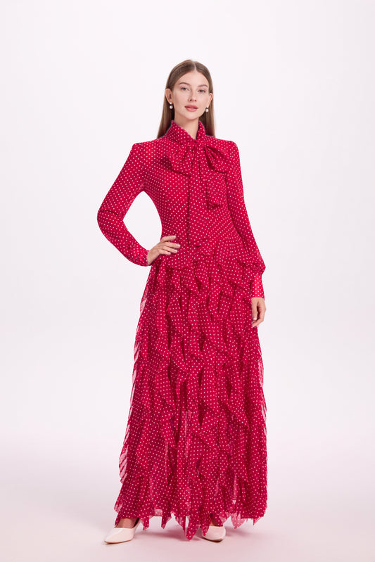 Romantic Polka Dot Chiffon Maxi Dress - LAI MENG FIVE CATS