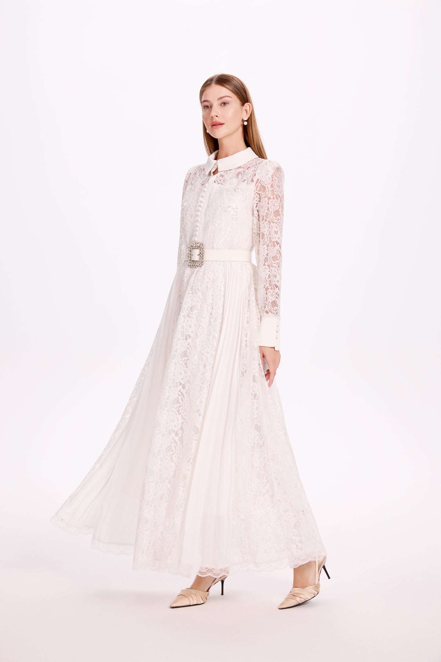 Lace & Chiffon Maxi Dress – Elegant Long Sleeve Dress with Crystal Belt