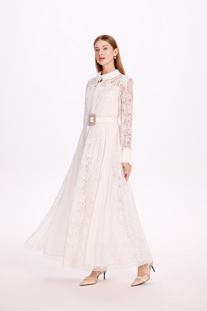 Lace & Chiffon Maxi Dress – Elegant Long Sleeve Dress with Crystal Belt