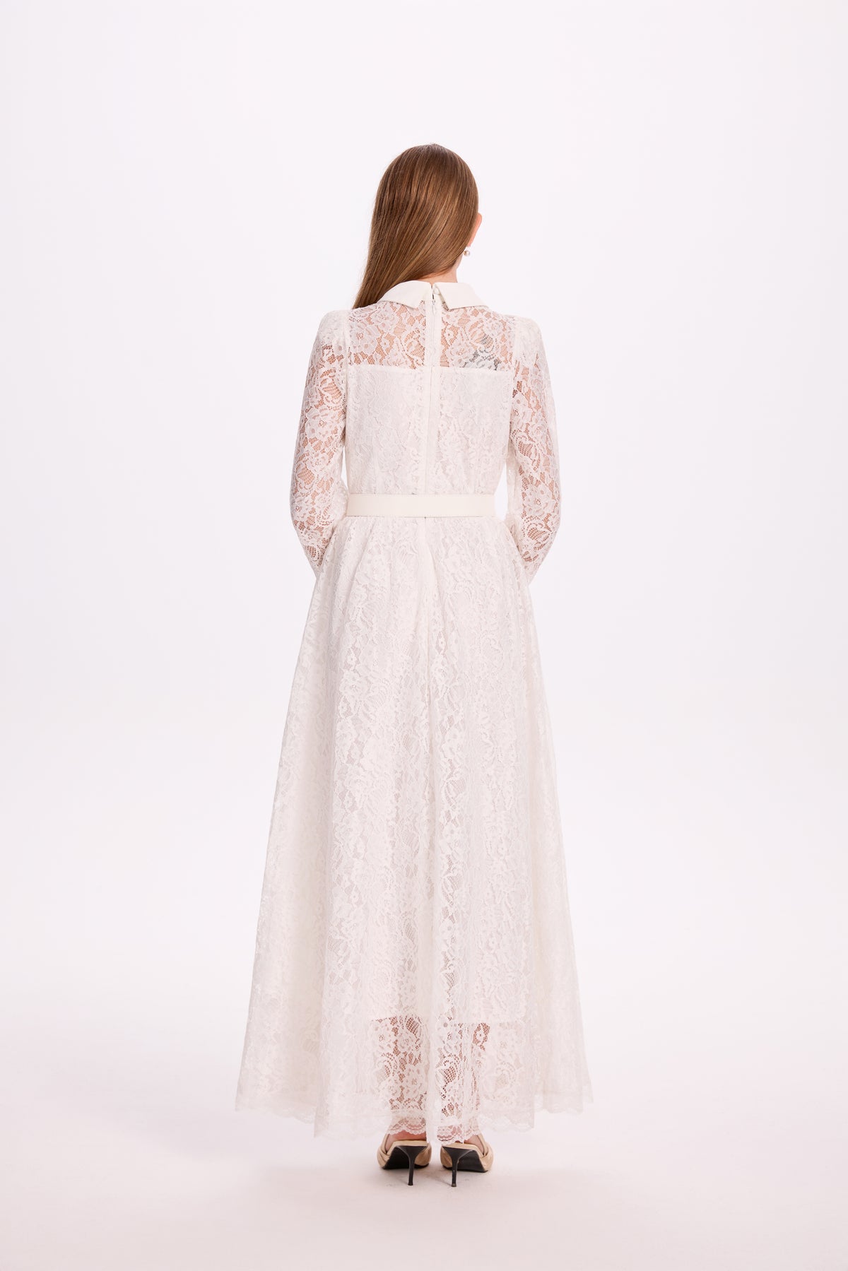 Lace & Chiffon Maxi Dress – Elegant Long Sleeve Dress with Crystal Belt