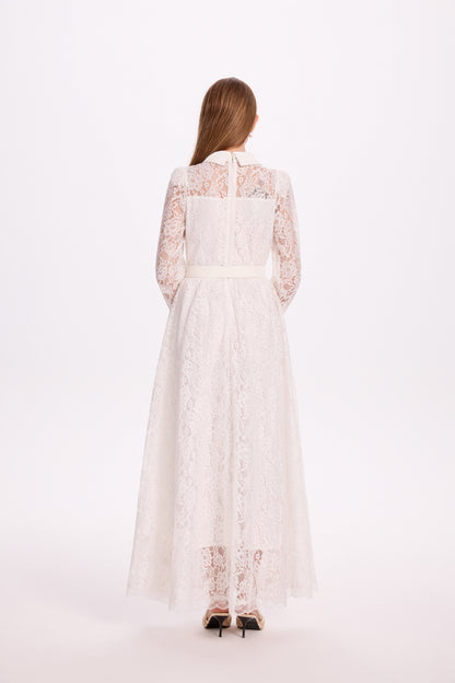 Lace & Chiffon Maxi Dress – Elegant Long Sleeve Dress with Crystal Belt