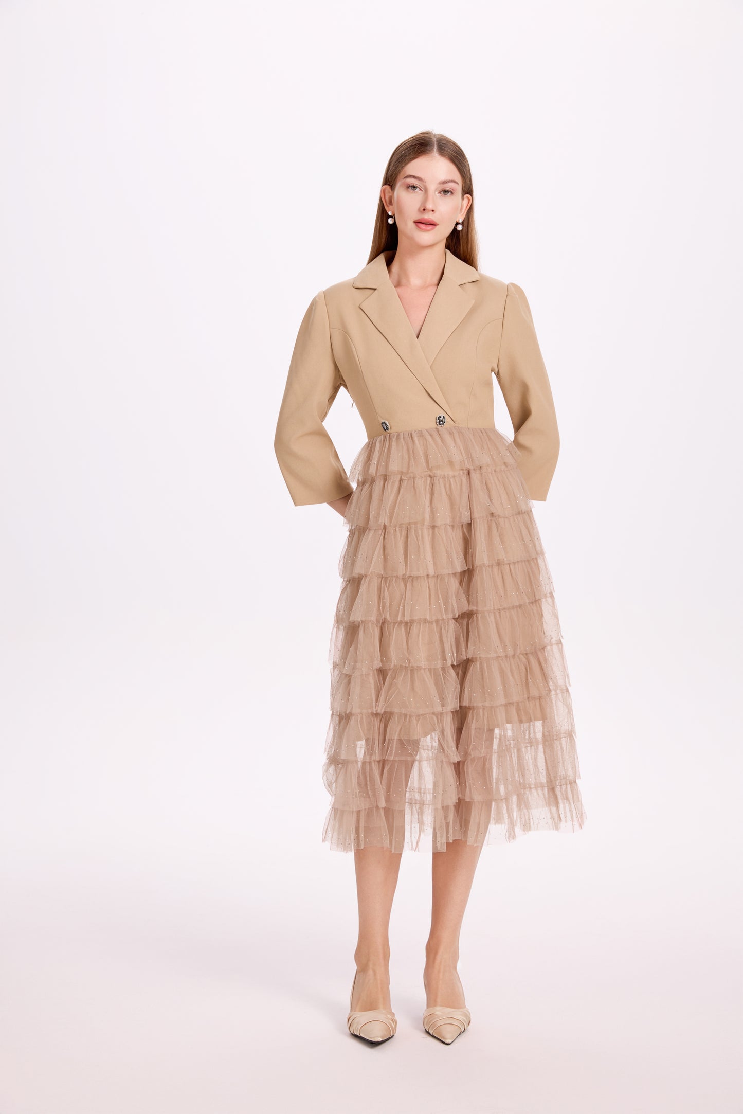 Women's Blazer Dresses Tulle Ruffle Mesh Midi Dress