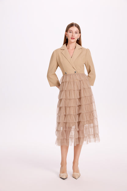 Women's Blazer Dresses Tulle Ruffle Mesh Midi Dress