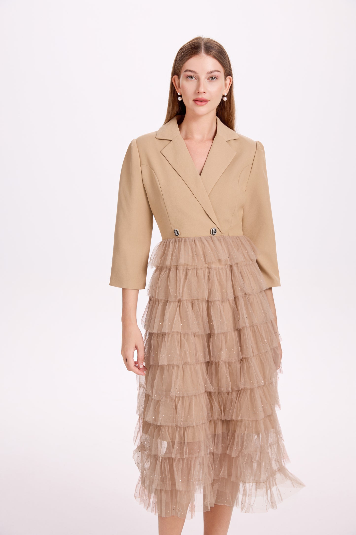 Women's Blazer Dresses Tulle Ruffle Mesh Midi Dress