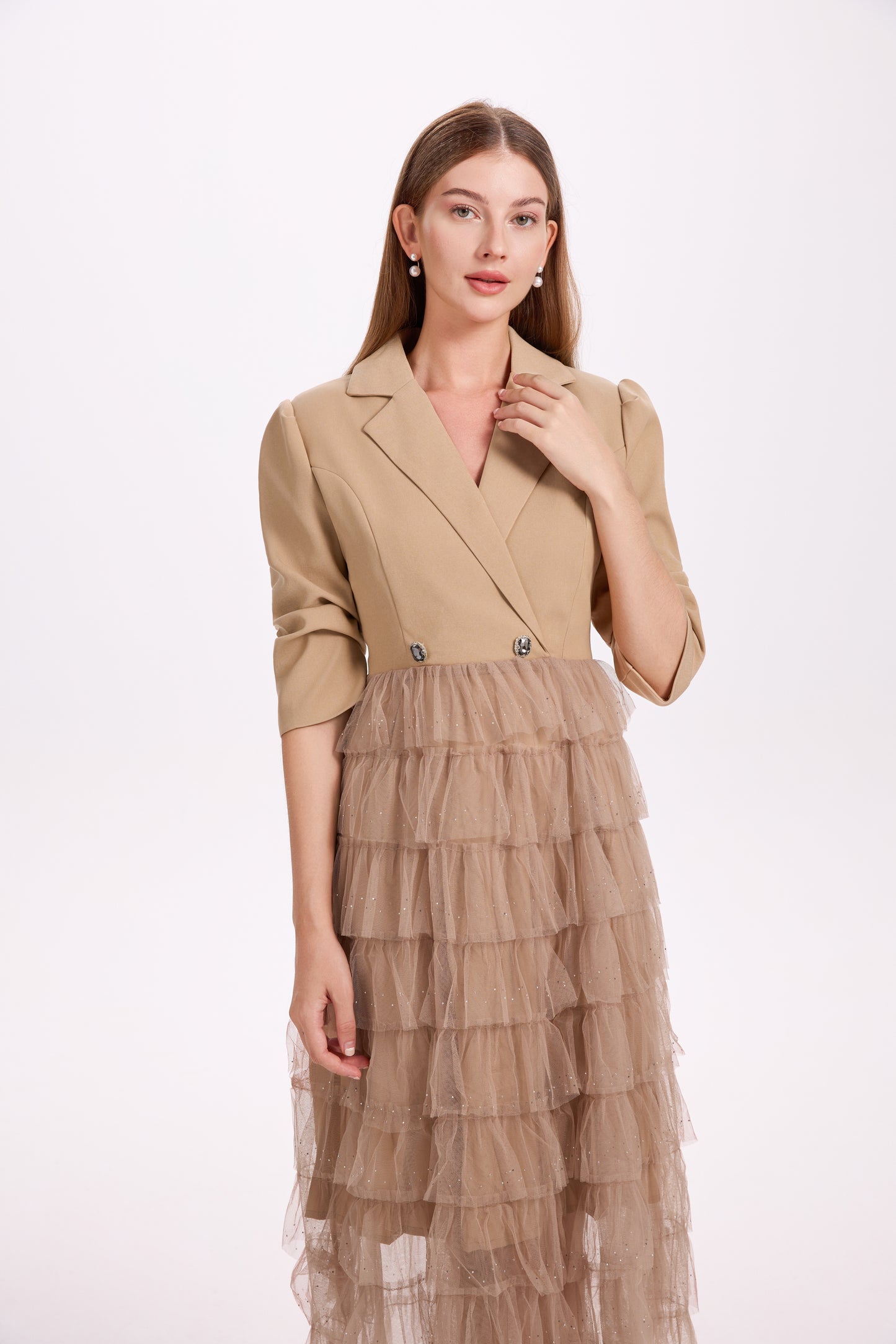 Women's Blazer Dresses Tulle Ruffle Mesh Midi Dress