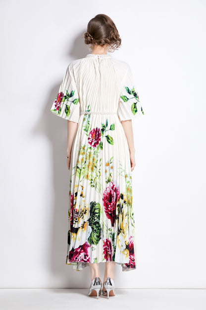 Women's Elegant Pleated Round Neck Bat Sleeves Print Maxi Dress