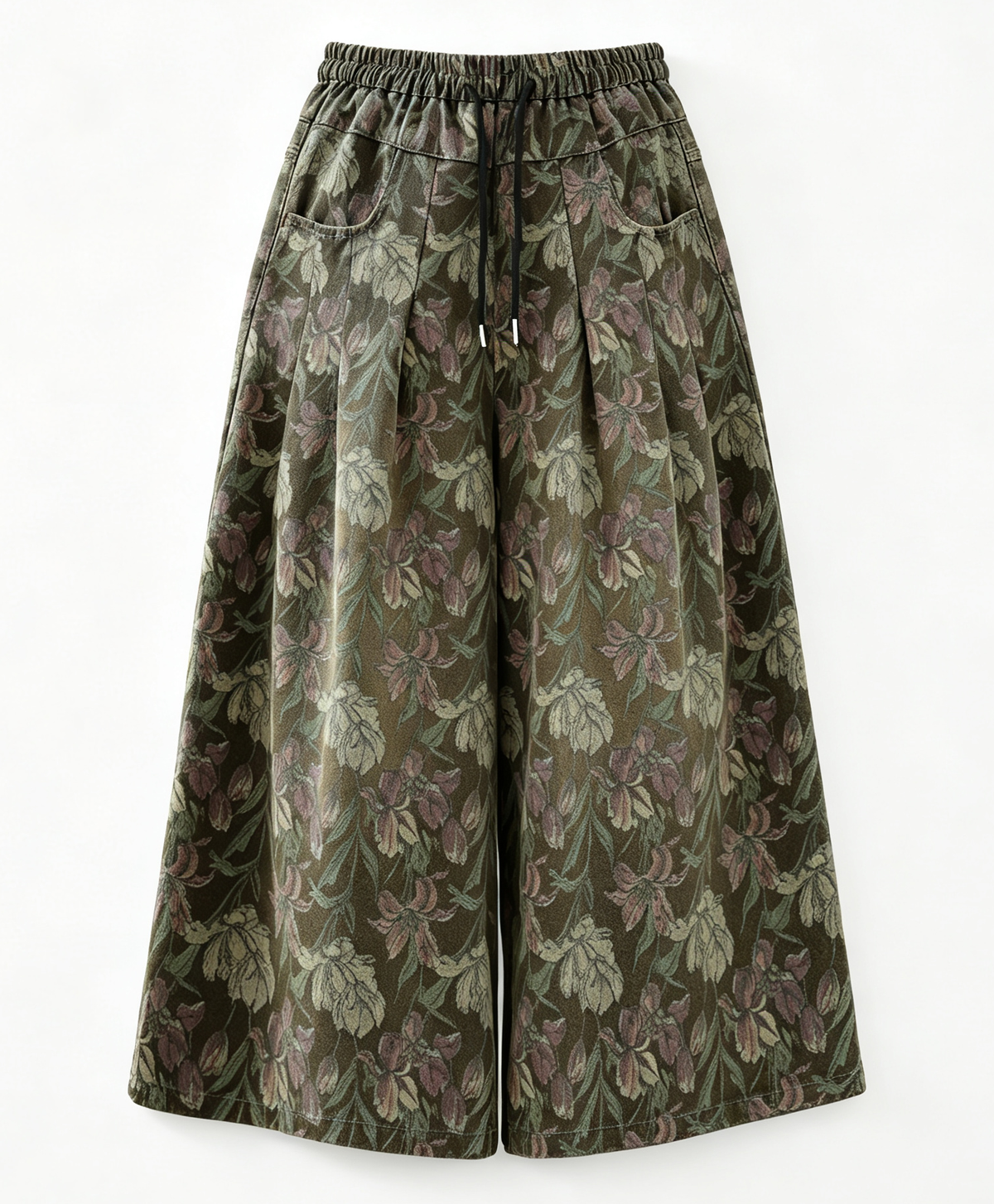Olive Floral Wide-Leg Jenas With Drawstring Waist