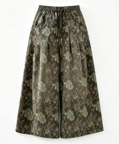 Olive Floral Wide-Leg Jenas With Drawstring Waist
